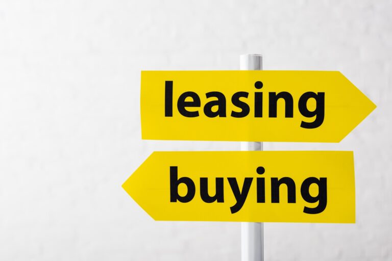 directional arrows with leasing and buying lettering isolated on white
